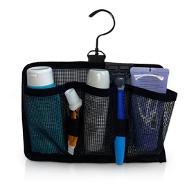 LOPYRLO Hangable Mesh Shower Travel Kit Caddy - Large Capacity Travel Organizer with 3 Compartments and 2 Elastic Bands (black) (Swivel Hook)