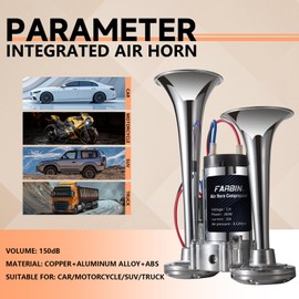 FARBIN Air Horn for Truck 12V Loud Train Horn with Air Compressor Dual-Trumpet Chrome Compatible with Trucks Pickups Motorcycles Cars Boats