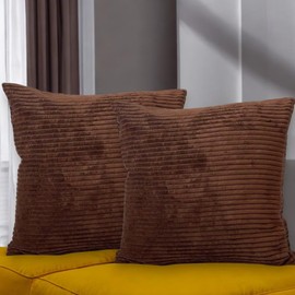 Seechoo Corduroy Cushion Covers, Set of 2, 45 x 45 cm, Striped, with Invisible Zipper, 18 x 18 Inch (Brown)