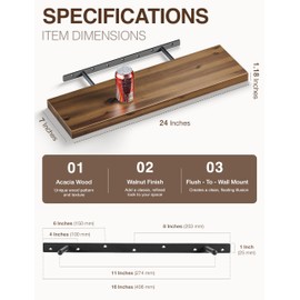 BATODA Set of 2 24" Acacia Floating Shelves for Wall – Rustic Farmhouse Wood Floating Shelf - Book Shelf for Wall & House Décor - DIY Floating Book Shelves - with Brackets & Hardware (Walnut Color)