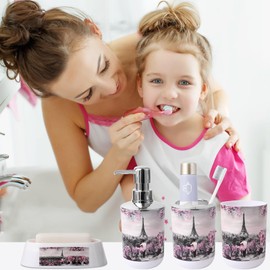 Pink Paris Bathroom Accessories Set with Shower Curtain Bath Rugs with Trash Can, Toothbrush Holder, Cup, Lotion Dispenser, Tray, Soap Dish, Toilet Brush, Qtip Holder