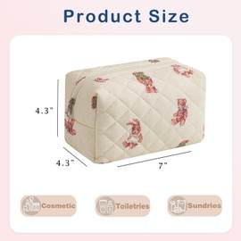 RSRSLEII Small Quilted Cotton Makeup Bag, Aesthetic Cosmetic Bag, Cute Floral Makeup Pouch, Kawaii Trendy Preppy Travel Toiletry Bag for Women and Girls (07 Bear)