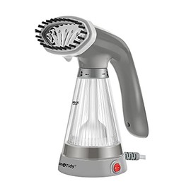 True & Tidy, Travel Compact Portable Hand Held Garment Steamer with Stainless Steel Nozzle, Includes Fabric Brush and Water Cup, TS-20A, Gray