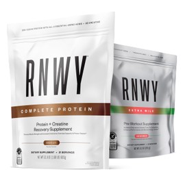 RNWY RNWY Chocolate Protein Powder Sour Watermelon Extra Mile Stim Free Preworkout Powder Bundle, 25g Vegan Protein, 5g Creatine Monohydrate Powder, 150mg Digestive Enzymes, 6g L-Citrulline