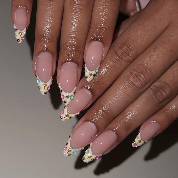 Medium Press on Nails Almond Shape Fake Nails White French