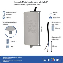 Lumonic Starting Capacitor with Cable 25 cm I 60µF 450V I 45 x 100 mm I 60uF I Motor Capacitor with Plastic Housing I Operating Capacitor I for Pumps, Ra