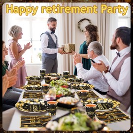 Funnymoom 400 Pcs Happy Retirement Party Supplies for 50 Guest Black and Golden Disposable Plate Napkin Cup Fork for Retire Party Decoration Tableware Favor for Women Men(Black and Golden, Retirement)