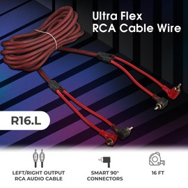 DS18 R16.L 100% Oxygen Free Copper OFC Ultra Flex 2-Channel RCA with 90 Degree Ends - Dual Twist Wire Noise Reducing Audio Cable for Amplifiers, Subwoofers, Speakers - 16 FT