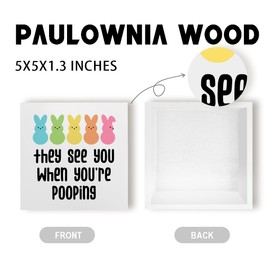 iRudyard Easter Bunny Wooden Box Sign - 5 x 5 Inch Bathroom Peeps Decor - They See You When You're Pooping Sign - Home Farmhouse Bathroom Decor (Easter Special Edition)