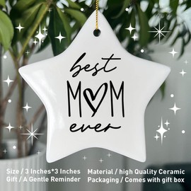 Mom Christmas Ornament Gift, Best Mom Ever, Mother's Day Birthday Keepsake Ornament Gift for Mother from Daughter Son Kids, Christmas Tree Star Shape Ceramic Ornament Decor