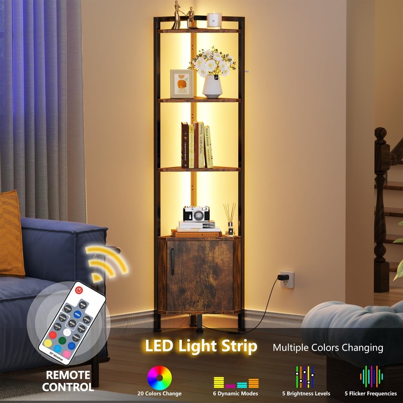 Furnulem Corner Shelf,5-Tier Corner Cabinet with Storage and LED Light,