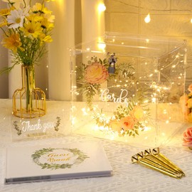 Cinnvoice Acrylic Wedding Card Box with Lock String Lights Clear Wedding Card Sign Guest Book and 4 Pens Large Money Letter Envelope Box for Reception Graduation Birthday Party Baby Shower