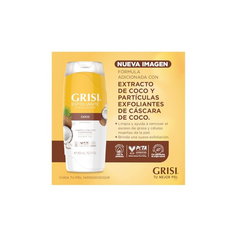 GRISI Shower Gel, Jabón Líquido Corporal Coco, 450 ml Exfoliante