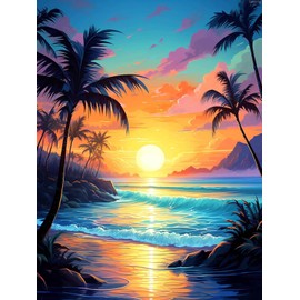 5D Diamond Art Painting Kits Sunset Coconut Tree, DIY Diamond Art Sea Scenery Kits Paint with Diamonds Full Round Drill Crystal Rhinestone Embroidery Used for Home Office Wall Decor 12x16inch/30x40cm