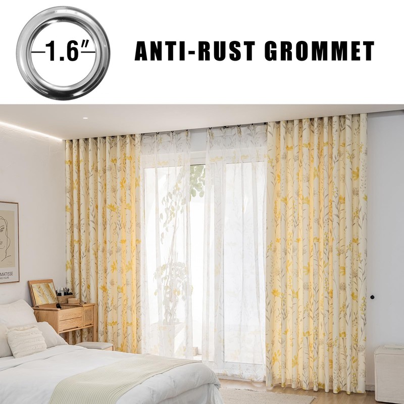 SUOUO Yellow Floral Curtains for Living Room Chenille Printed Grey