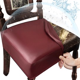 WUSOUPU Waterproof Dining Chair Seat Covers Leather Kitchen Seat Covers, Stain Resistant Stretch Chair Seat Covers for Dining Room Chairs Set of 4, Rear Covered Washable Dining Chair Covers Wine Red