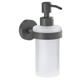 tesa® MOON GREY Seifenspender, matt grau, Pumpspender aus satiniertem Glas, 200 ml - für Bäder im Industrial Style und moderne Badezimmer - bohrfrei, inkl. Klebelösung - 171 mm x 70 mm x 119 mm