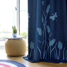 Melodieux Wheat Embroidery Linen Textured Curtain for Living Room Bedroom, Rustic Farmhouse Style Flax Drape Grommet, Navy/Blue, 52 by 84 Inch (1 Panel)