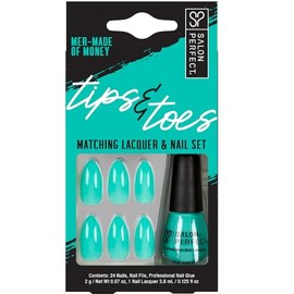 Salon Perfect Tips & Toes Kit Mer-Made of Money Matching Lacquer and Press On Nail Set