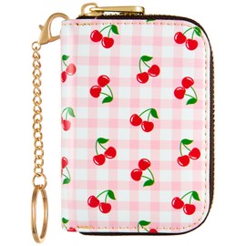 Credit Card Holder for Women, RFID Card Holder Wallet - Slim Leather Zipper Card Case - Ladies Small Keychain Wallets (Sweet Pink Gingham Red Cherries)