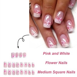 Pink Floral Press on Nails Medium Square French Tip Fake Nails with Flower Designs Glossy Acrylic Nails Summer Glue on Nails White Glitter Cherry Blossom Full Cover Nude False Nails for Women 24Pcs