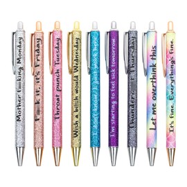 9PCS Funny Pens, Swear Word Daily Resin Glitter Gel Pen Set, 1.0 mm Black Ink Glitter Funny Pen of the Week Dirty Cuss Word Pens for Each Day for Colleague, Co-Worker
