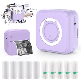 Mini Pocket Printer, Portable Thermal Photo Printer with 6 Rolls Printing Paper for iOS/Android Bluetooth Inkless Printer Label Printer for Diaries, Study Notes, Labels, Memos (Purple)