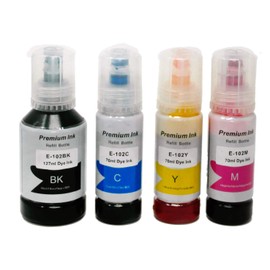 OBV 4 x Compatible Ink Tank to Replace Epson 102 for Epson EcoTank ET-2751 ET-2756 ET-2700 ET-2750 ET-3700 ET-3750 ET-4750 Black 127 ml (7500 Pages) / Coloured 70 ml (6000 Pages) The side side