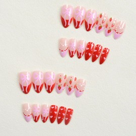 Valentine's Day Press on Nails Short Fake Nails Strawberry Love Bow Glue on Nails Glossy Full Cover Almond Stick on Nails with Acrylic desigs Pink Nails French Tip False Nails for Women 24pcs