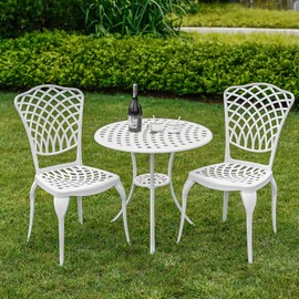 PATIO-IN Bistro Set 3 Piece Outdoor Patio Bistro Set White with Umbrella Hole, Rust Resistant White Bistro Table and Chairs Set of 2 Cast Aluminum Furniture for Porch Garden White