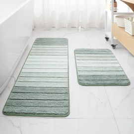 Teewas Long Bathroom Rugs Sets 2 Piece, Ultra Soft and Water Absorbent Luxury Ombre Bath Mat Set, Non-Slip Quick Dry Bath Carpet for Bathroom Floor, Tub and Shower, Machine Washable, Green