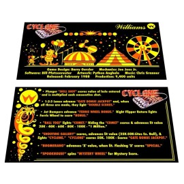 Williams Cyclone Pinball Custom Apron Instruction Cards