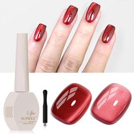 SUPWEE Red Cat Eye Gel Nail Polish, 15ML Jelly Glass Cateye Gel Polish with Magnet Moonlight Shimmer Glitter Magnetic Nail Polish Soak Off Salon DIY at Home