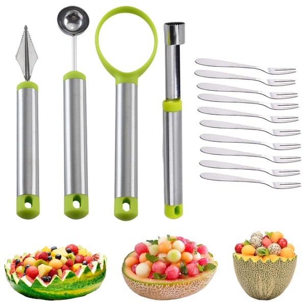 Pack of 14 Melon Cutters, Apple Slicer Fruit Tool Kitchen Utensils, Fruit Forks Set for DIY Fruit Salads/Melon Cutters Balls