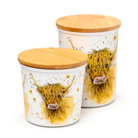 Puckator RPJAR93 Jan Pashley Highland Coo Cow Set of 2 Recycled Plastic Bottles RPET and Bamboo Reusable Storage Jars - S/M