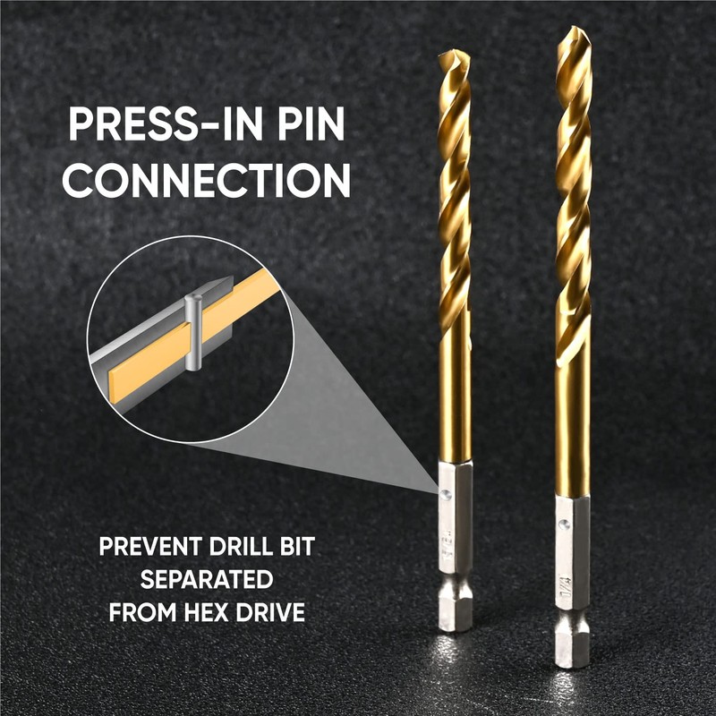 amoolo 1/8 Hex Shank Drill Bits, 10Pcs Titanium HSS Twist