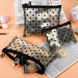 Fassave 6 Pack Mini Zipper Mesh Makeup Bags, Heart Print Nylon Cosmetic Bags Toiletry Bags for Office Travel Organization (Beige, M)