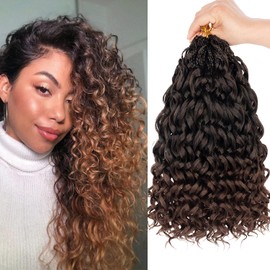 Mscat 14 Inch 8 Packs Gogo Curl Crochet Hair Ombre Brown Pre Looped Ocean Wave Crochet Hair Short Deep Twist Curly Bohemian Crochet Box Braids Synthetic Water Wave Braiding Hair for Women