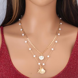 MOTIBACK Shell Necklace Metal Alloy Starfish Imitation Pearl Layered Necklace Set Woman Summer Holiday Surfer Seashell Necklaces Jewelry