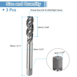 sourcing map 3pcs Spiral Flute Thread Taps 3/8-16 UNC 2B Machine Threading Tap Bit, Uncoated Screw Tapping Repair Tool, M2 High-Speed Steel (HSS)