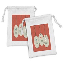 Ambesonne Christmas Fabric Pouch Set of 2, Joy Love and Peace Words Pendants Merry Christmas Holiday Celebration Theme, Small Drawstring Bag for Toiletries Masks and Favors, 9" x 6", Vermilion Cream
