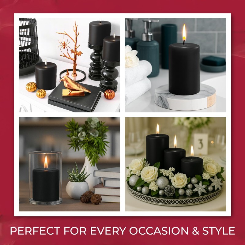 Biedermann & Sons 45-Hour Long Burning Unscented Pillar Candles, Black,