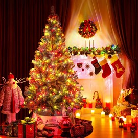 7.5 Ft Premium Pre-lit Artificial Christmas Tree with 600 LED Multicolor String Lights and Metal Stand, 8 Lighting Modes, 1400 Tips, Xmas Decoration