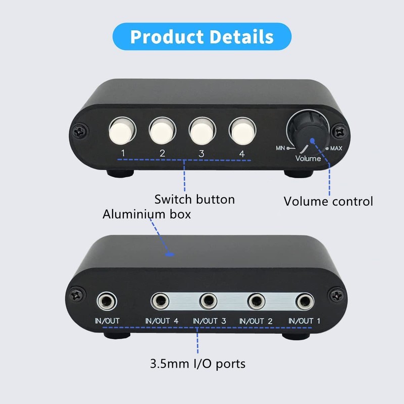 TENEALAY 4-Way 3.5mm Stereo Audio Switch Input Signal Source Switcher