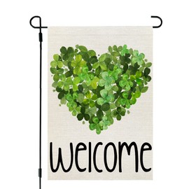 CROWNED BEAUTY St Patricks Day Garden Flag 12x18 Inch Double Sided for Outside Green Shamrocks Heart Small Burlap Welcome Holiday Yard Flag