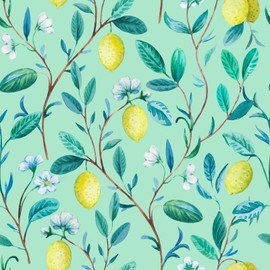 VaryStyle Fresh Lemon Tree Wallpaper Green/Gold Leaf Branches Floral Peel and Stick Wallpaper Green Contact Paper for Cabinets Walls Self Adhesive Removable Vinyl Paper for Bedroom Kitchen 17.7"x118"