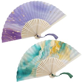 Temogole 2 Pack Folding Fans Handheld Hand Fans Paper Fans Handheld for Women Gilding Style Purple and Green