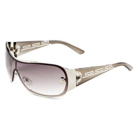 Kleo Greek Key Slim Shield Wrap Around Sunglasses (Grey & Silver Frame, Grey Gradient)
