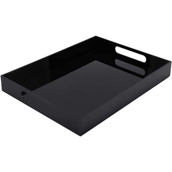 WUWEOT Acrylic Serving Tray 40 x 30 cm, Spill Proof Rectangle Tray with Handle for All Occasion's, Decorative Tray Organiser for Food, Tea, Breakfast, Ottoman or Coffee Table, Black
