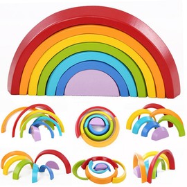 Jzhen Stacking Rainbow Blocks, Wooden Rainbow Stacker Puzzle Toy Stacker Educational Learning Toys for Kids Baby Toddlers